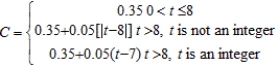 <strong>A long distance phone service charges $0.35 for the first 8 minutes and $0.05 for each additional minute or fraction thereof. Use the greatest integer function to write the cost C of a call in terms of time t (in minutes). </strong> A) B) C) D) E)
