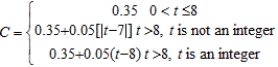 <strong>A long distance phone service charges $0.35 for the first 8 minutes and $0.05 for each additional minute or fraction thereof. Use the greatest integer function to write the cost C of a call in terms of time t (in minutes). </strong> A) B) C) D) E)