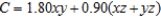 <strong>A rectangular box with an open top has a length of x feet, a width of y feet, and a height of z feet. It costs $1.80 per square foot to build the base and $0.45 per square foot to build the sides. Write the cost C of constructing the box as a function of x, y, and z.</strong> A) B) C) D) E)