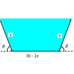 Suppose a trough with trapezoidal cross sections is formed by turning up the edges of a 30-inch-wide sheet of aluminum (see figure). Find the cross section of maximum area. 