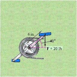 <strong>A child applies the brakes on a bicycle by applying a downward force of 20 pounds on the pedal when the crank makes a angle with the horizontal (see figure). The crank is 6 inches in length. Find the torque at P. Round your answer to two decimal places. </strong> A) 15.32 ft-lb B) 7.66 ft-lb C) 91.93 ft-lb D) 6.43 ft-lb E) 12.86 ft-lb