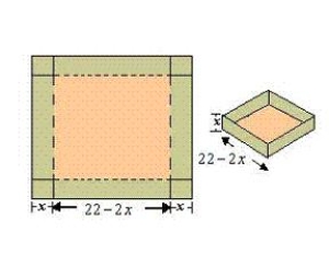 <strong>An open box of maximum volume is to be made from a square piece of material 22 centimeters on a side by cutting equal squares from the corners and turning up the sides (see figure). Write the volume V as a function of x, the length of the corner squares. </strong> A) V = x(22 - 2x)<sup>2</sup> B) V = x + (22 - 2x)<sup>2</sup> C) V = x<sup>2</sup> + (22 - 2x) D) V = x<sup>2</sup>(22 - 2x) E) V = x(22 - 2x)