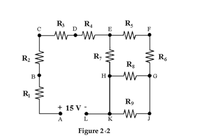 <strong> To measure the current that flows through R6 in Figure 2-2, the circuit must be opened and the ammeter placed at point ________.</strong> A)H B)G C)E D)F