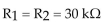 -Refer to Figure 20-1 (a). If and the closed loop gain is 450, the value of the external gain-setting resistor RG is: