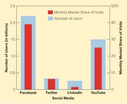 <strong> Figure 17-4 Recalling Figure 17-4 above, which social network has both the highest number of users and the highest monthly market share of visits?</strong> A) LinkedIn B) YouTube C) Twitter D) Facebook E) Pinterest