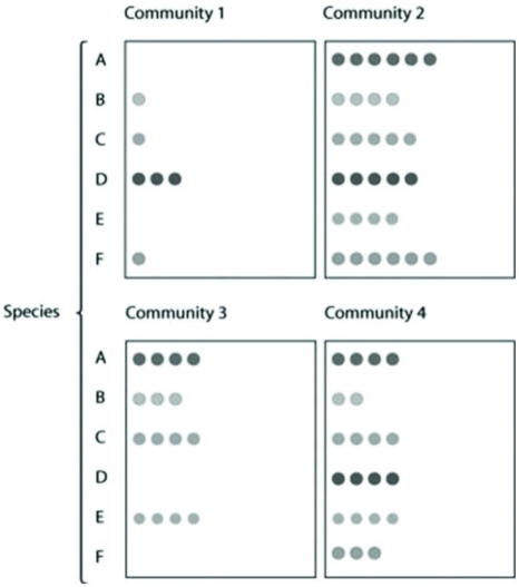 <strong>Use the figure to answer the following question. In the figure, species A through F are found among four communities, with the number of circles representing their abundance. Which community has the highest diversity?</strong> A) community 1 B) community 2 C) community 3 D) community 4