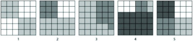 <strong>Use the figures to answer the following question. The different shaded squares in the figure, from white to darker gray, represent different species, and more squares of a shade correspond to a higher abundance. According to the Shannon Diversity Index, which of the five blocks above, with each containing 36 squares, represents the greatest diversity?</strong> A) 1 B) 2 C) 4 D) 5