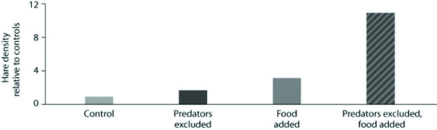 <strong>Use the figure to answer the following question. Which conclusion below is best supported by the data?</strong> A) Food is the only factor in controlling hare population size. B) Exclusion of lynx is the most important factor in controlling hare population size. C) The effect of excluding predators and adding food in the same experiment is greater than the sum of excluding lynx alone plus adding food when considered individually. D) Adding abundant food has a smaller effect on hare success than removing all of their predators.