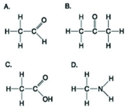<strong>Use the figures to answer the following question. Which molecule shown has at least one carbon atom attached to three different chemical groups?</strong> A) A B) B C) D D) A and B