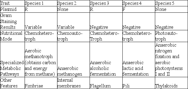 <strong>The following table depicts characteristics of five prokaryotic species (1-5). Use the information in the table to answer the question. Species 4 is pathogenic if it gains access to the human intestine. Which other species, if it coinhabited a human intestine along with species 4, is most likely to become a recombinant species that is both pathogenic and resistant to some antibiotics?</strong> A) species 1 B) species 2 C) species 3 D) species 5