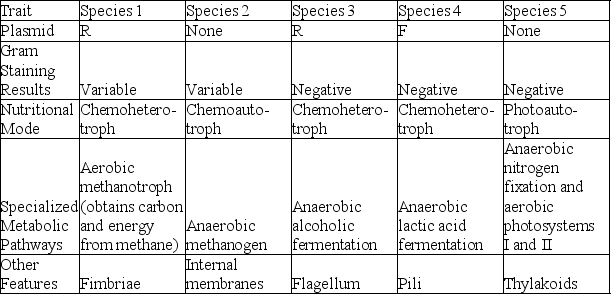 <strong>The following table depicts characteristics of five prokaryotic species (1-5). Use the information in the table to answer the question. Which two species might be expected to cooperate metabolically, perhaps forming a biofilm wherein one species surrounds cells of the other species?</strong> A) species 1 and 2 B) species 1 and 3 C) species 2 and 5 D) species 3 and 4