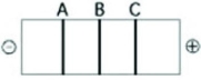 <strong>Use the figure to answer the following question. The segment of DNA shown in the figure has restriction sites I and II, which create restriction fragments A, B, and C. Which of the gels produced by electrophoresis best represents the separation and identity of these fragments?</strong> A) B) C) D)