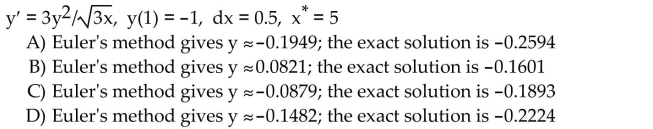 Use Euler's method with the specified step size to estimate the value of the solution at the given point x*. Find the value of the exact solution at x*.