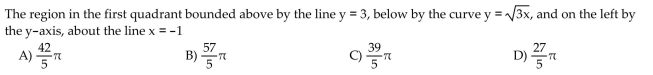 Find the volume of the solid generated by revolving the region about the given line.