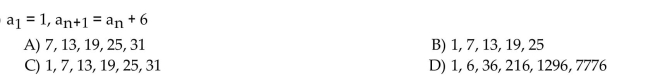 A recursion formula and the initial term(s) of a sequence are given. Write out the first five terms of the sequence.