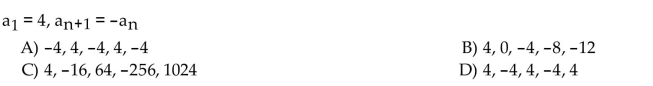 A recursion formula and the initial term(s) of a sequence are given. Write out the first five terms of the sequence.