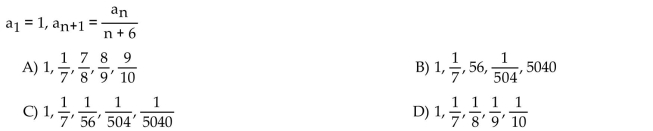 A recursion formula and the initial term(s) of a sequence are given. Write out the first five terms of the sequence.