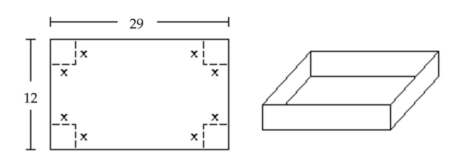 <strong>A box with an open top is to be constructed from a rectangular piece of cardboard with dimensions 12 inches by 29 inches by cutting out equal squares of side x at each corner and then folding up the sides as in the figure. Express the volume V of the box as a function of x. </strong> A) V(x) = x(12 - x)(29 - x) B) V(x) = (12 - x)(29 - x) C) V(x) = (12 - 2x)(29 - 2x) D) V(x) = x(12 - 2x)(29 - 2x)