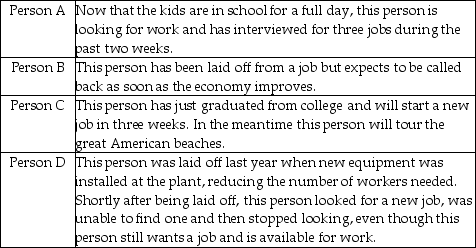 <strong> The above table shows answers given by people interviewed in a government survey of households. Which individuals are considered unemployed using the official U-3 unemployment rate?</strong> A) A, B, and C B) B, C, and D C) A, C, and D D) C and D