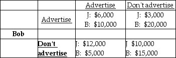 <strong> The payoff matrix of economic profits above displays the possible outcomes for Bob and Jane who are involved in game of whether or not to advertise. After each player chooses his or her best strategy and sees the result</strong> A) only Bob would like to change his decision. B) neither player would be willing to change his or her decision unless the other player also changes his or her decision. C) if Jane does not change her decision, Bob would like to change his. D) if Bob does not change his decision, Jane would like to change hers.