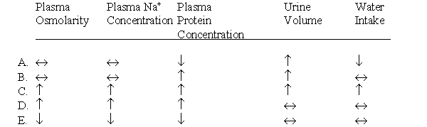 Which set of changes, compared with normal, would you expect to find in a patient with diabetes insipidus due to lack of antidiuretic hormone secretion and who has free access to plenty of water to drink?