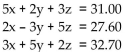 <strong>Find the system of equations to model the problem. DO NOT SOLVE THIS SYSTEM. Hurst's Feed & Seed sold to one customer 5 bushels of wheat, 2 of corn, and 3 of rye, for $31.00. To another customer he sold 2 bushels of wheat, 3 of corn, and 5 of rye, for $27.60. To a third customer he sold 3 bushels of wheat, 5 of corn, and 2 of rye for $32.70. What was the price per bushel for each of the different grains? Let x represent the price per bushel for wheat, y the price per bushel for corn, and z the price per bushel for rye.</strong> A) B) C) D)