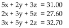 <strong>Find the system of equations to model the problem. DO NOT SOLVE THIS SYSTEM. Hurst's Feed & Seed sold to one customer 5 bushels of wheat, 2 of corn, and 3 of rye, for $31.00. To another customer he sold 2 bushels of wheat, 3 of corn, and 5 of rye, for $27.60. To a third customer he sold 3 bushels of wheat, 5 of corn, and 2 of rye for $32.70. What was the price per bushel for each of the different grains? Let x represent the price per bushel for wheat, y the price per bushel for corn, and z the price per bushel for rye.</strong> A) B) C) D)