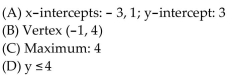 <strong>For the given function, find each of the following: (A) Intercepts (B) Vertex (C) Maximum or minimum (D) Range </strong> A) B) C) D)