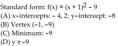 <strong>Find the vertex form for the quadratic function. Then find each of the following: (A) Intercepts (B) Vertex (C) Maximum or minimum (D) Range f(x) </strong> A) B) C) D)