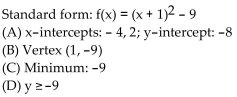 <strong>Find the vertex form for the quadratic function. Then find each of the following: (A) Intercepts (B) Vertex (C) Maximum or minimum (D) Range f(x) </strong> A) B) C) D)