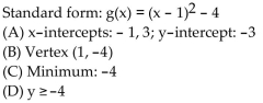 <strong>Find the vertex form for the quadratic function. Then find each of the following: (A) Intercepts (B) Vertex (C) Maximum or minimum (D) Range </strong> A) B) C) D)