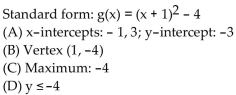 <strong>Find the vertex form for the quadratic function. Then find each of the following: (A) Intercepts (B) Vertex (C) Maximum or minimum (D) Range </strong> A) B) C) D)
