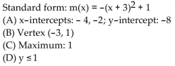 <strong>Find the vertex form for the quadratic function. Then find each of the following: (A) Intercepts (B) Vertex (C) Maximum or minimum (D) Range </strong> A) B) C) D)