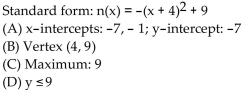 <strong>Find the vertex form for the quadratic function. Then find each of the following: (A) Intercepts (B) Vertex (C) Maximum or minimum (D) Range </strong> A) B) C) D)