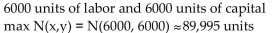 <strong>Solve the problem. The Cobb-Douglas function for a new product is given by where x is the number of units of labor and y is the number of units of capital required to produce N(x, y) units of the product. Each unit of Labor costs $40, and each unit of capital costs $80. If $400,000 has been budgeted for the production of this Product, determine how this amount should be allocated in order to maximize production, and find the Maximum production.</strong> A) B) C) D)