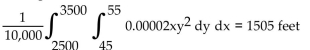 <strong>Solve the problem. Under ideal conditions, if a person driving a car slams on the brakes and skids to a stop on wet pavement, the length of the skid marks (in feet) is given by the formula L(x, y) = 0.00002xy2, where x is the weight of the car in Pounds and y is the speed of the car in miles per hour. What is the average length of the skid marks for cars Weighing between 2500 and 3500 pounds and traveling at speeds between 45 and 55 miles per hour? Set up a Double integral and evaluate.</strong> A) B) C) D)