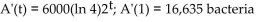<strong>Solve. A single bacterium divides every 0.5 hour to produce two complete bacteria. If we start with a colony of 6000 bacteria, after t hours there will be A . Find A'(t) and A'(1).</strong> A) B) C) D)