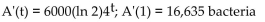<strong>Solve. A single bacterium divides every 0.5 hour to produce two complete bacteria. If we start with a colony of 6000 bacteria, after t hours there will be A . Find A'(t) and A'(1).</strong> A) B) C) D)