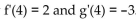Provide an appropriate response. -Let f and g be functions that satisfy . Find h'(4) for .