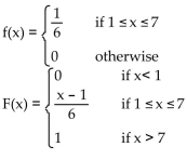 <strong>Find the probability density function f and the associated cumulative distribution function F for the continuous random variable X if X is uniformly distributed on [1, 7].</strong> A)   B)   7 C)   D)   <div style=padding-top: 35px> 