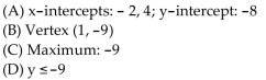 <strong>For the given function, find each of the following: (A) Intercepts (B) Vertex (C) Maximum or minimum (D) Range g(x) = </strong> A) B) C) D)
