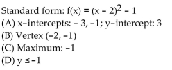 <strong>Find the vertex form for the quadratic function. Then find each of the following: (A) Intercepts (B) Vertex (C) Maximum or minimum (D) Range </strong> A) B) C) D)