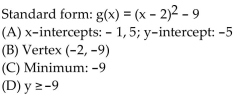 <strong>Find the vertex form for the quadratic function. Then find each of the following: (A) Intercepts (B) Vertex (C) Maximum or minimum (D) Range </strong> A) B) C) D)