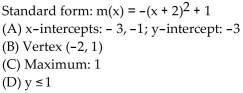 <strong>Find the vertex form for the quadratic function. Then find each of the following: (A) Intercepts (B) Vertex (C) Maximum or minimum (D) Range </strong> A) B) C) D)