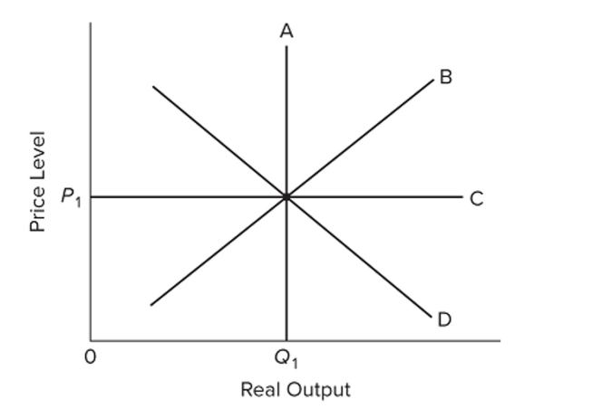 <strong> Refer to the diagram relating to short-run and long-run aggregate supply. The</strong> A) short-run aggregate supply curve is A. B) short-run aggregate supply curve is B. C) long-run aggregate supply curve is B. D) long-run aggregate supply curve is D.
