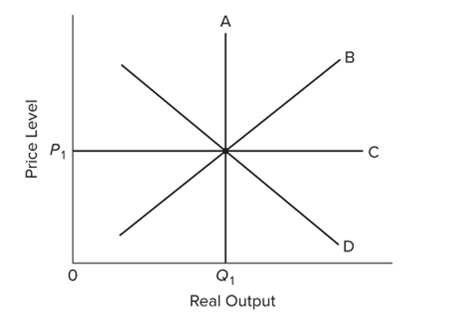 <strong> Refer to the diagram. If the price level rises above P _ { 1 } because of an increase in aggregate demand, The</strong> A) economy will move up along curve B and output will temporarily increase. B) long-run aggregate supply curve C will shift upward. C) short-run aggregate supply curve B will automatically shift to the right. D) economy's output ?rst will decline, then increase, and ?nally return to Q _ { 1 }