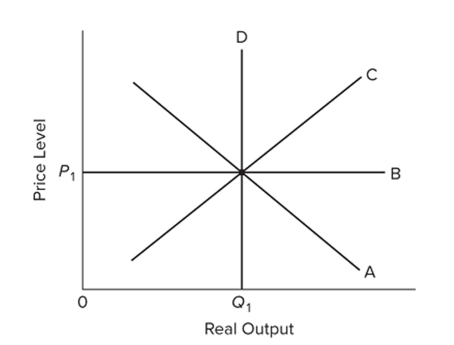 <strong> Refer to the diagram and assume that prices and wages are flexible both upward and downward in the economy. In the extended AD-AS model,</strong> A) demand-pull inflation would involve a rightward shift of curve A, followed by a leftward shift of curve C. B) cost-push inflation would involve a rightward shift of curve A, followed by a leftward shift of curve C. C) recession would involve a leftward shift of curve A, followed by a leftward shift of curve C. D) recession would involve a rightward shift of curve D, followed by leftward shifts of curves A and C.