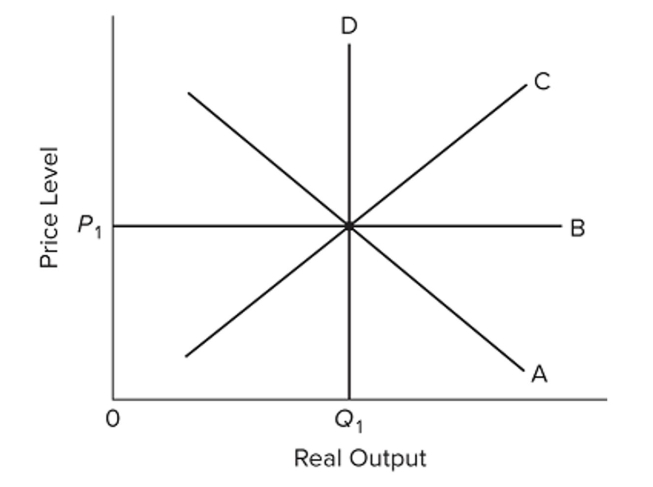 <strong> Refer to the diagram and assume that prices and wages are flexible both upward and downward in the economy. In the extended AD-AS model,</strong> A) demand-pull inflation would involve a rightward shift of curve A, followed by a rightward shift of curve C. B) cost-push inflation would involve first a leftward shift of curve C, then a rightward shift of curve C. C) recession would involve a leftward shift of curve A, followed by a leftward shift of curve C. D) recession would involve a rightward shift of curve D, followed by leftward shifts of curves A and C.