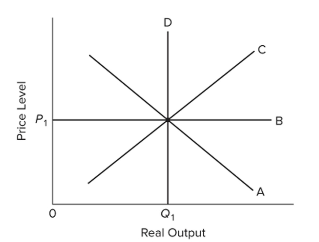<strong> Refer to the diagram and assume that prices and wages are flexible both upward and downward in the economy. In the extended AD-AS model,</strong> A) demand-pull inflation would involve a rightward shift of curve A, followed by a rightward shift of curve C. B) cost-push inflation would involve a rightward shift of curve A, followed by a leftward shift of curve C. C) recession would involve a leftward shift of curve A, followed by a rightward shift of curve C. D) recession would involve a rightward shift of curve D, followed by leftward shifts of curves A and C.
