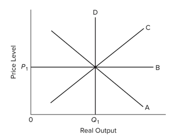 <strong> Refer to the diagram and assume that prices and wages are flexible both upward and downward in the economy. In the extended AD-AS model,</strong> A) demand-pull inflation would involve a rightward shift of curve A, followed by a rightward shift of curve C. B) cost-push inflation would involve a rightward shift of curve A, followed by a leftward shift of curve C. C) recession would involve a leftward shift of curve A, followed by leftward shifts of curves C and D. D) recession could be caused by either a leftward shift of curve A or a leftward shift of curve C.